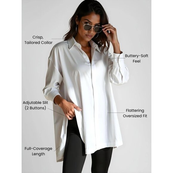 The Warmy Oversized Lapel Shirt Dress White Tunic Top Women’s Size M - Picture 2 of 5